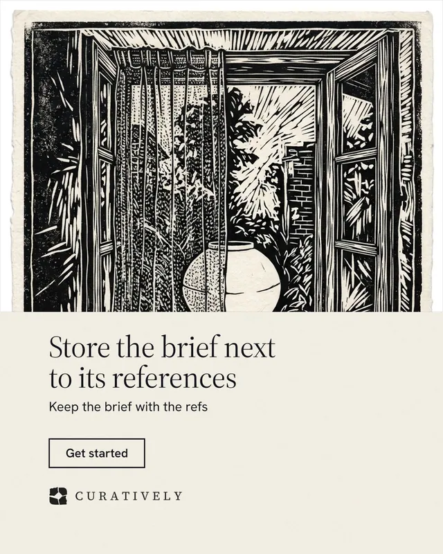 Instagram portrait post for Curatively: "Store the brief next to its references". Editorial style, bottom layout, light palette in yellow, black, grey.