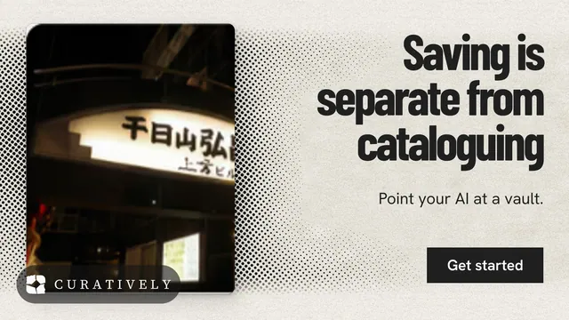 Landscape graphic for Curatively: "Saving is separate from cataloguing". Ink sticker style, right layout, light palette in black, white, yellow.