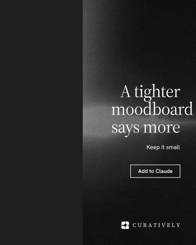 Instagram portrait post for Curatively: "A tighter moodboard says more". Dark deco style, right layout, dark palette in black, grey.