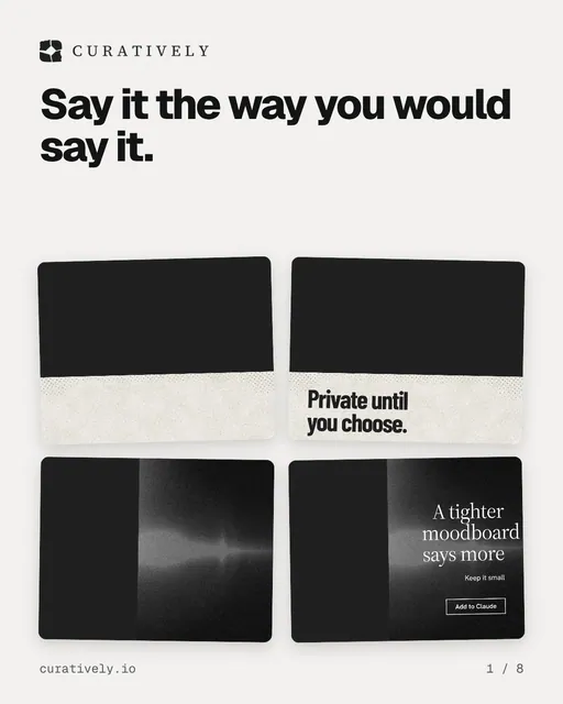 Carousel for Curatively: "Say it the way you would say it.". Collection carousel, 8 slides, light palette.