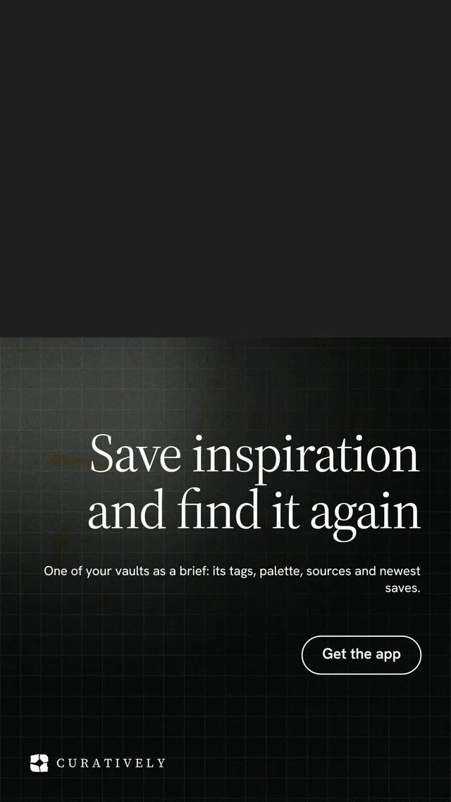 Instagram story for Curatively: "Save inspiration and find it again". Phosphor atlas style, right layout, dark palette in black.