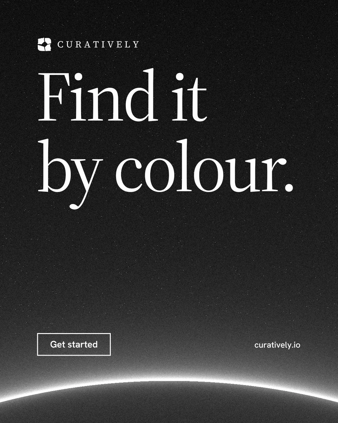 Instagram portrait post for Curatively: "Find it by colour." Editorial style, poster layout, dark palette in black, grey.