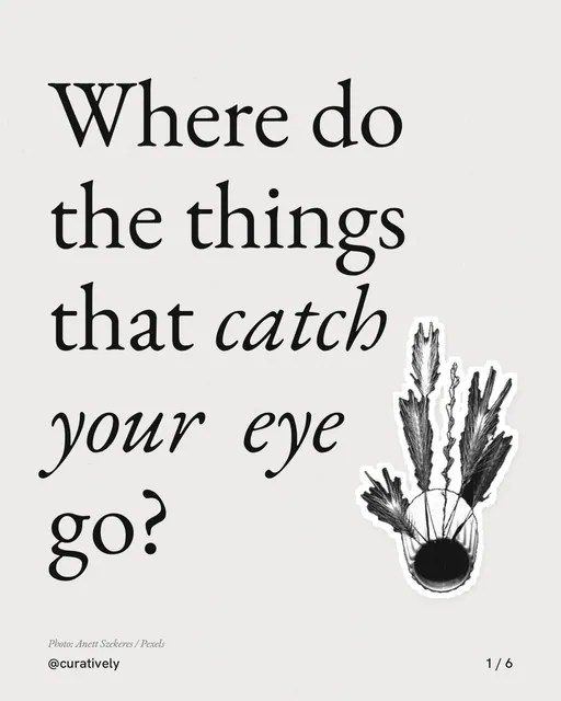 Carousel for Curatively: "Where do the things that catch your eye go?". Cutout essay, 6 slides, light palette.