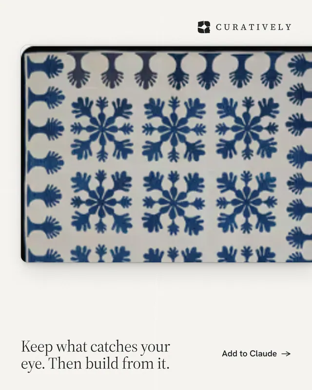 Instagram portrait post for Curatively: "Keep what catches your eye. Then build from it." Data card style, image led layout, light palette in white, grey, blue.