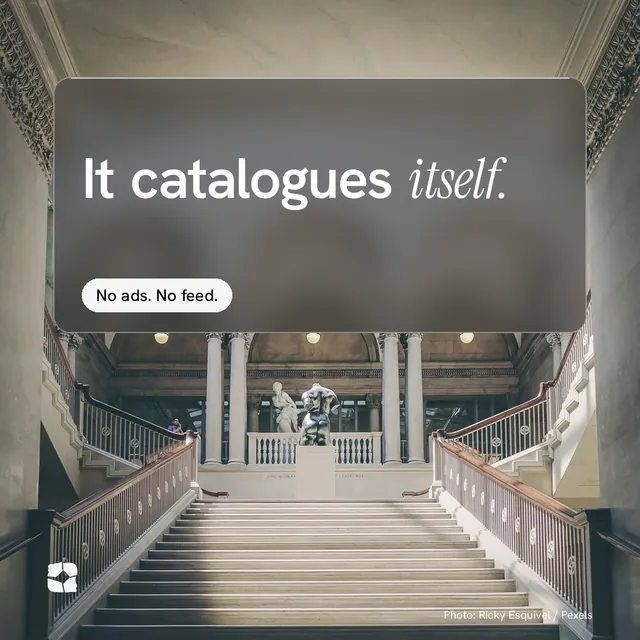 Instagram post for Curatively: "It catalogues itself." Glass style, technique:pexels ingredient layout, light palette in grey.
