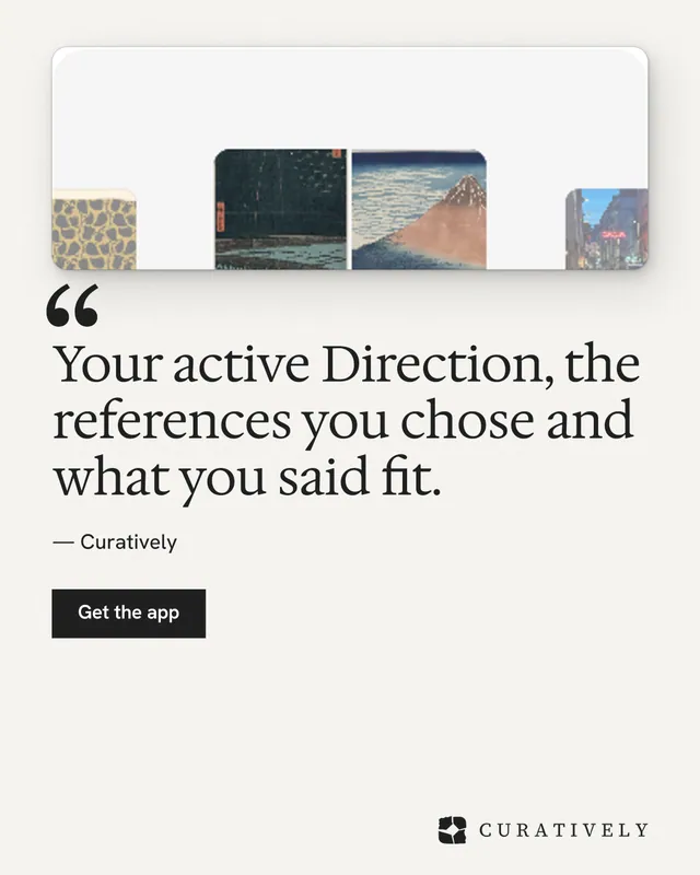 Instagram portrait post for Curatively: "Your active Direction, the references you chose and what you said fit." Swiss style, quote layout, light palette in white, grey.