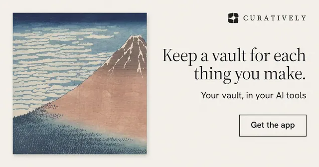 Social ad for Curatively: "Keep a vault for each thing you make." Editorial style, right layout, light palette in grey, white.