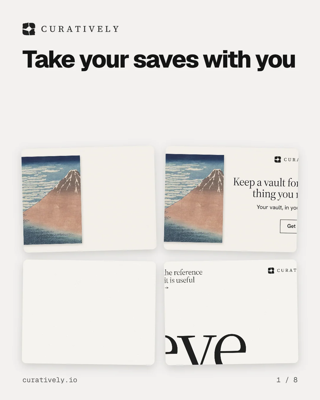 Carousel for Curatively: "Take your saves with you". Collection carousel, 8 slides, light palette.