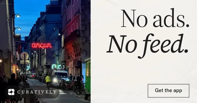 Social ad for Curatively: "No ads. No feed." Editorial style, right layout, light palette in purple, white, blue.