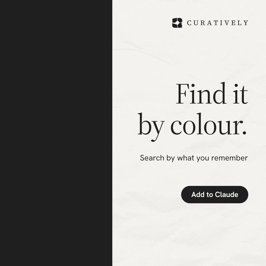 Instagram post for Curatively: "Find it by colour." Data card style, right layout, light palette in black, white.