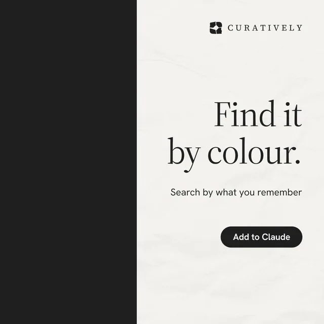 Instagram post for Curatively: "Find it by colour." Data card style, right layout, light palette in black, white.