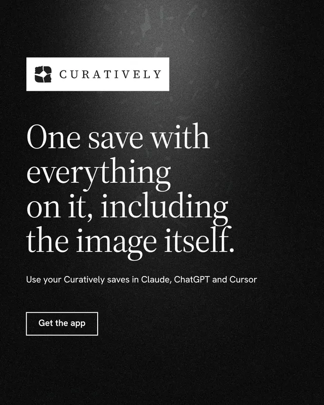 Instagram portrait post for Curatively: "One save with everything on it, including the image itself." Dark deco style, announce layout, dark palette in black, grey.