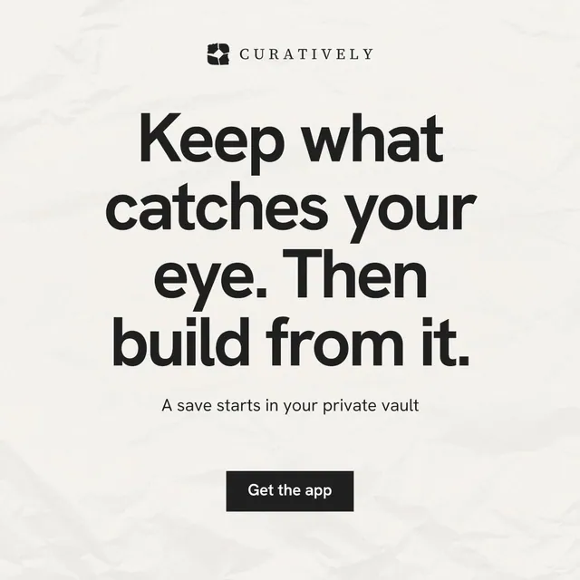 Instagram post for Curatively: "Keep what catches your eye. Then build from it." Swiss style, centred layout, light palette in white, grey.
