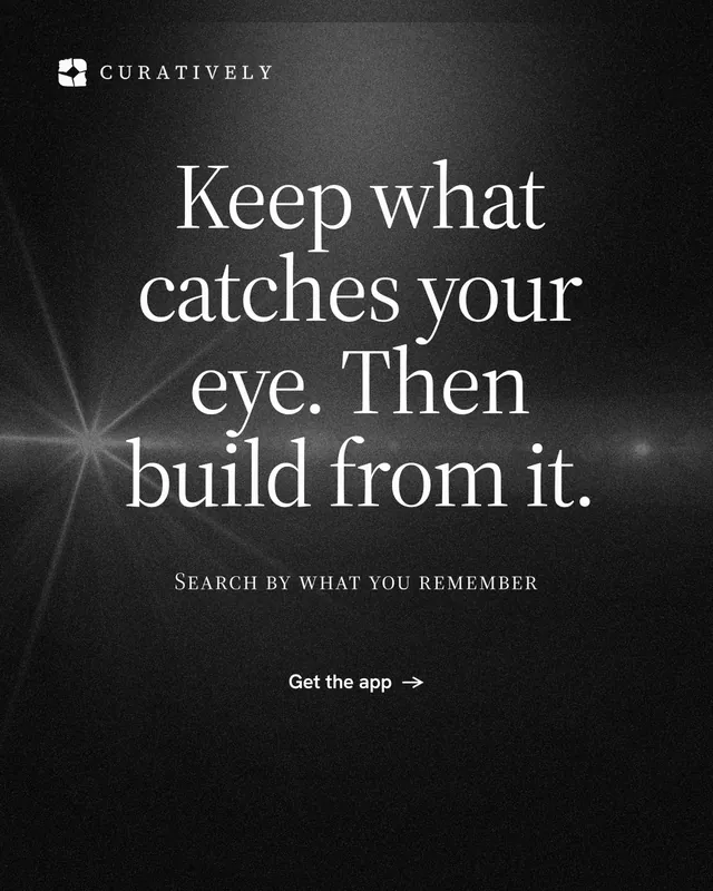 Instagram portrait post for Curatively: "Keep what catches your eye. Then build from it." Dark deco style, smallcaps layout, dark palette in black, grey.