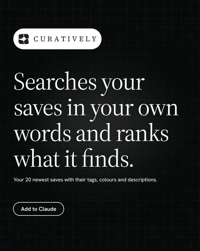 Instagram portrait post for Curatively: "Searches your saves in your own words and ranks what it finds." Phosphor atlas style, announce layout, dark palette in black, grey.