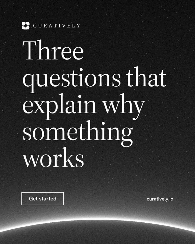 Instagram portrait post for Curatively: "Three questions that explain why something works". Editorial style, poster layout, dark palette in black, grey.