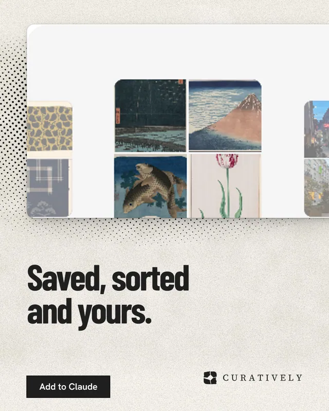 Instagram portrait post for Curatively: "Saved, sorted and yours." Ink sticker style, bottom layout, light palette in yellow, white, grey.
