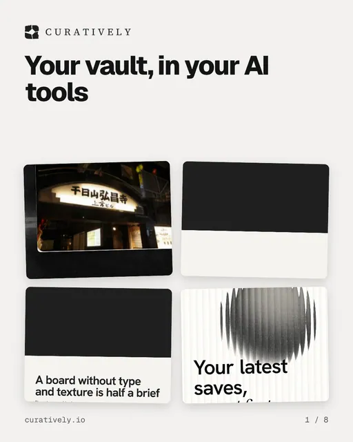 Carousel for Curatively: "Your vault, in your AI tools". Collection carousel, 8 slides, light palette.