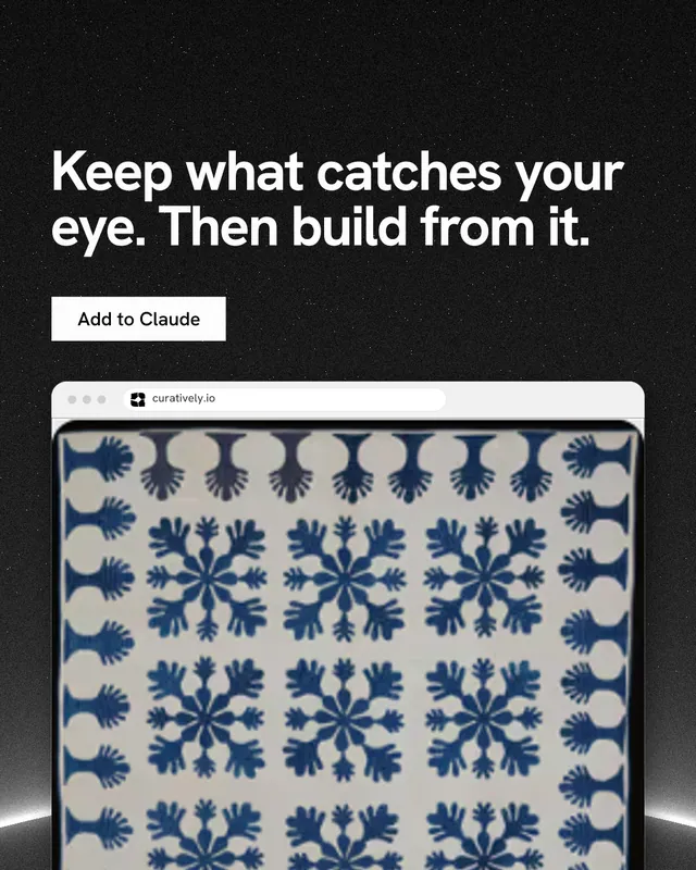 Instagram portrait post for Curatively: "Keep what catches your eye. Then build from it." Swiss style, browser layout, dark palette in grey, black.