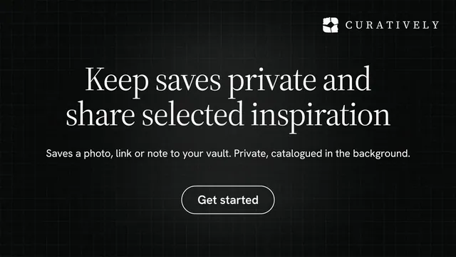 Landscape graphic for Curatively: "Keep saves private and share selected inspiration". Phosphor atlas style, centred layout, dark palette in black.