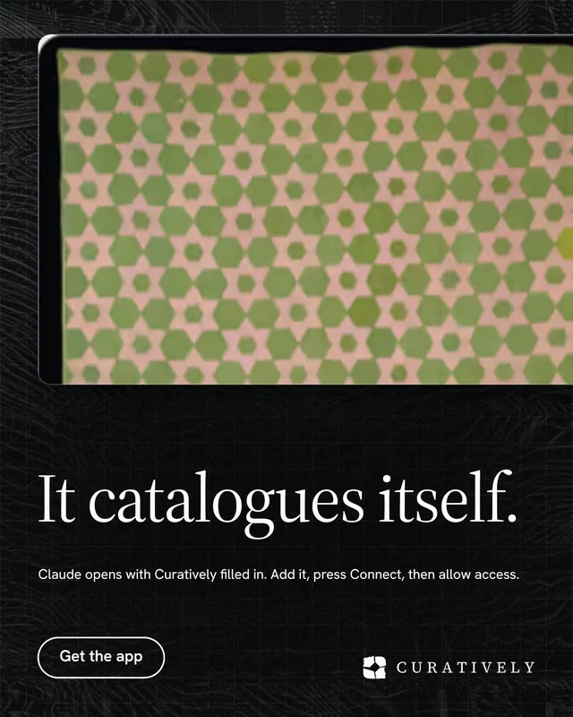 Instagram portrait post for Curatively: "It catalogues itself." Phosphor atlas style, bottom layout, dark palette in black, yellow, orange.