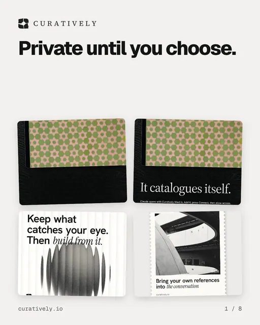 Carousel for Curatively: "Private until you choose.". Collection carousel, 8 slides, light palette.