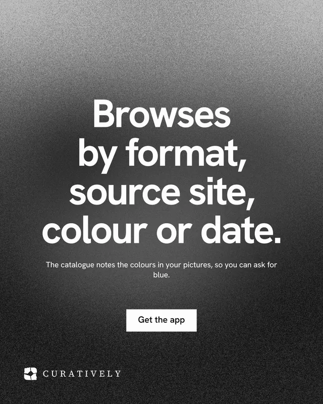 Instagram portrait post for Curatively: "Browses by format, source site, colour or date." Swiss style, centred layout, dark palette in black, grey.