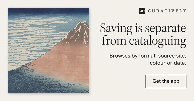 Social ad for Curatively: "Saving is separate from cataloguing". Editorial style, right layout, light palette in white, grey.