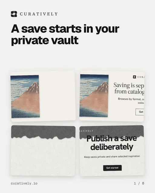 Carousel for Curatively: "A save starts in your private vault". Collection carousel, 8 slides, light palette.
