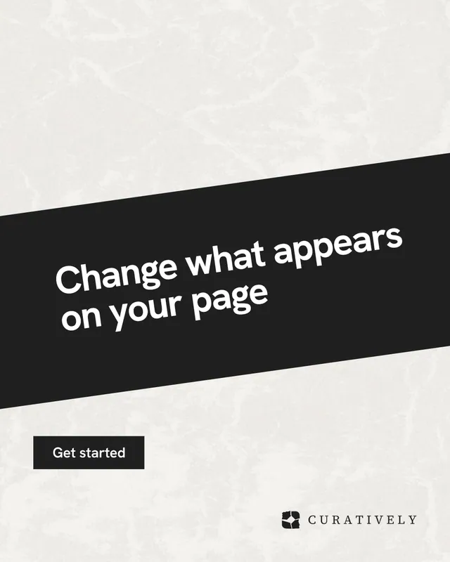 Instagram portrait post for Curatively: "Change what appears on your page". Swiss style, diagonal layout, light palette in white, black, grey.