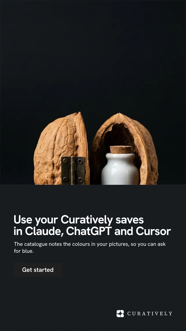 Instagram story for Curatively: "Use your Curatively saves in Claude, ChatGPT and Cursor". Swiss style, bottom layout, dark palette in black, grey.