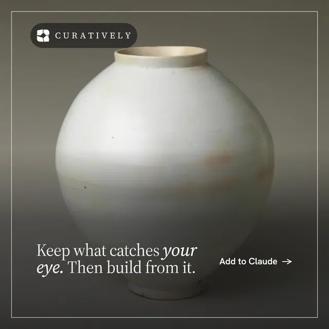 Instagram post for Curatively: "Keep what catches your eye. Then build from it." Editorial style, image led layout, dark palette in grey, black, white.