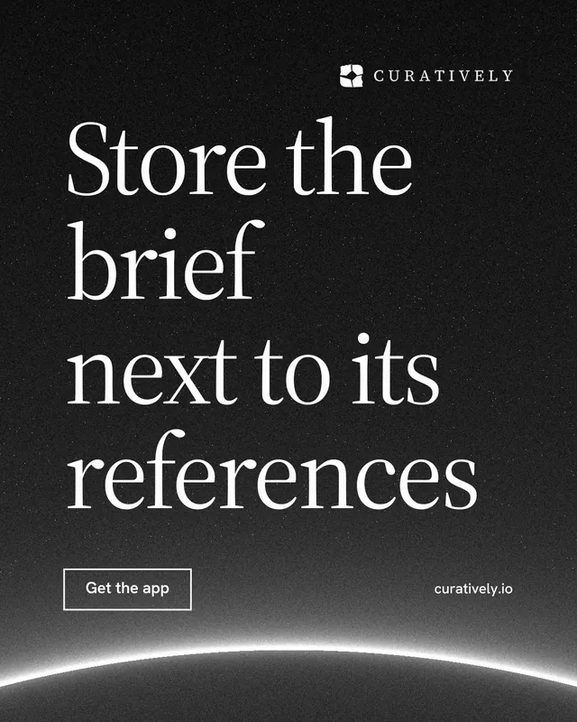 Instagram portrait post for Curatively: "Store the brief next to its references". Editorial style, poster layout, dark palette in black, grey.