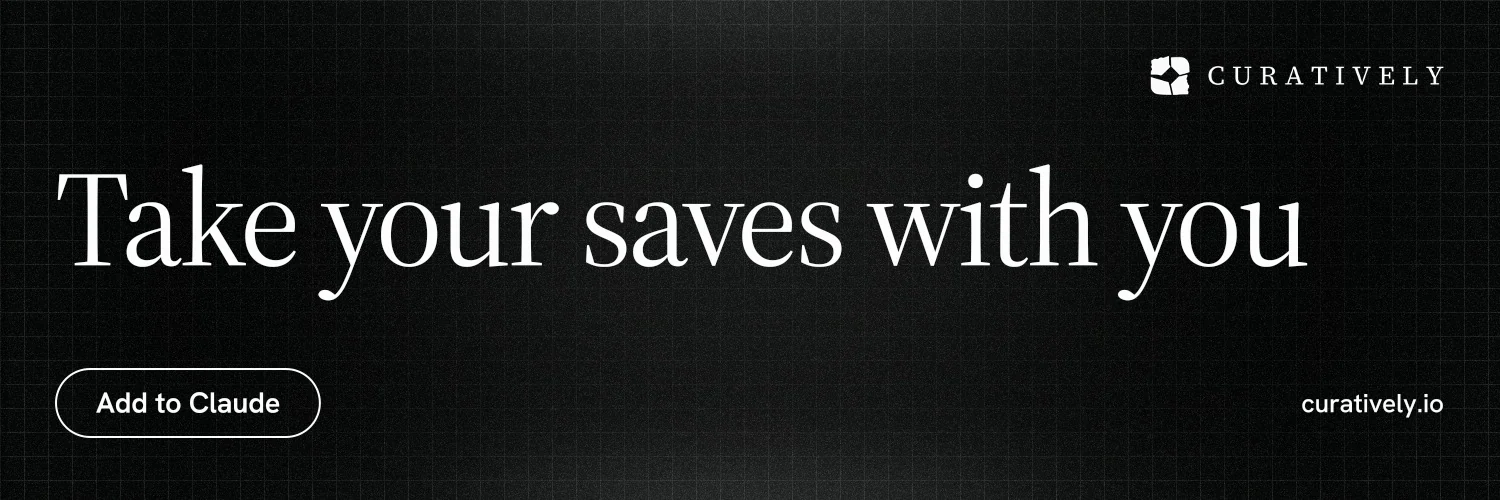 X header for Curatively: "Take your saves with you". Phosphor atlas style, poster layout, dark palette in black, grey.