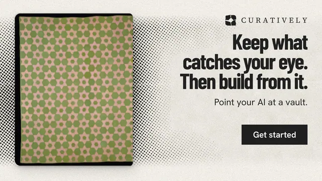 Landscape graphic for Curatively: "Keep what catches your eye. Then build from it." Ink sticker style, right layout, light palette in yellow, white, grey.