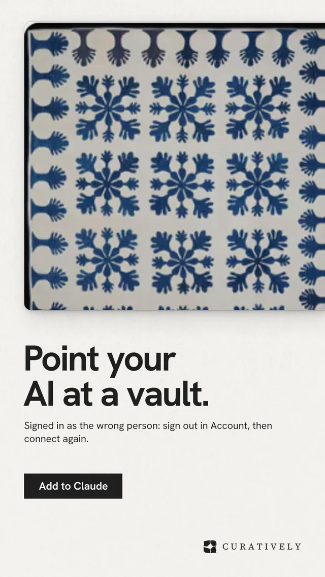 Instagram story for Curatively: "Point your AI at a vault." Swiss style, bottom layout, light palette in white, grey.