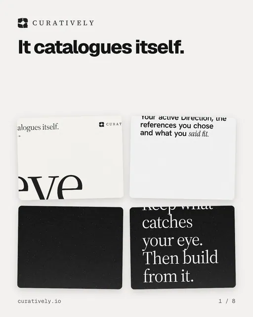 Carousel for Curatively: "It catalogues itself.". Collection carousel, 8 slides, light palette.