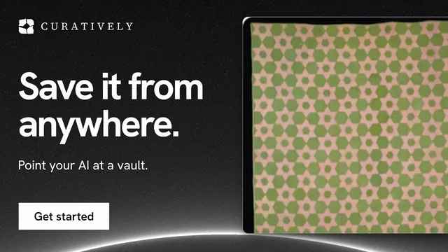 Landscape graphic for Curatively: "Save it from anywhere." Swiss style, bottom layout, dark palette in black, yellow, grey.