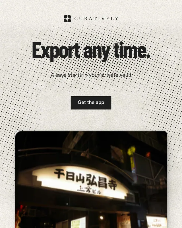 Instagram portrait post for Curatively: "Export any time." Ink sticker style, centred layout, light palette in white, black, yellow.