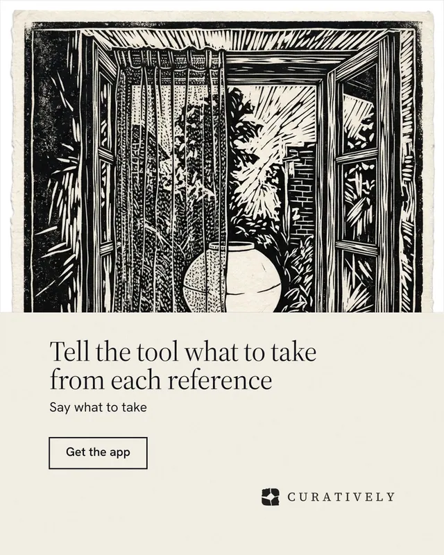 Instagram portrait post for Curatively: "Tell the tool what to take from each reference". Editorial style, bottom layout, light palette in yellow, black, grey.