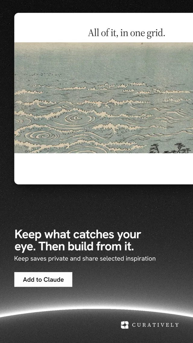 Instagram story for Curatively: "Keep what catches your eye. Then build from it." Swiss style, bottom layout, light palette in grey, black, white.