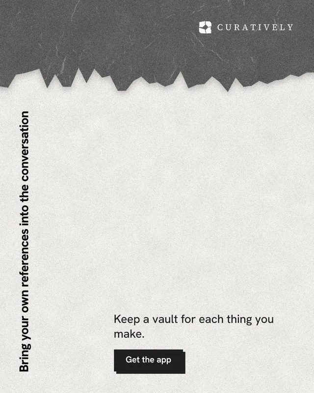 Instagram portrait post for Curatively: "Bring your own references into the conversation". Paper trio style, vertical layout, light palette in white, grey.