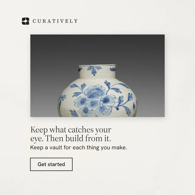 Instagram post for Curatively: "Keep what catches your eye. Then build from it." Editorial style, bottom layout, light palette in white, grey.