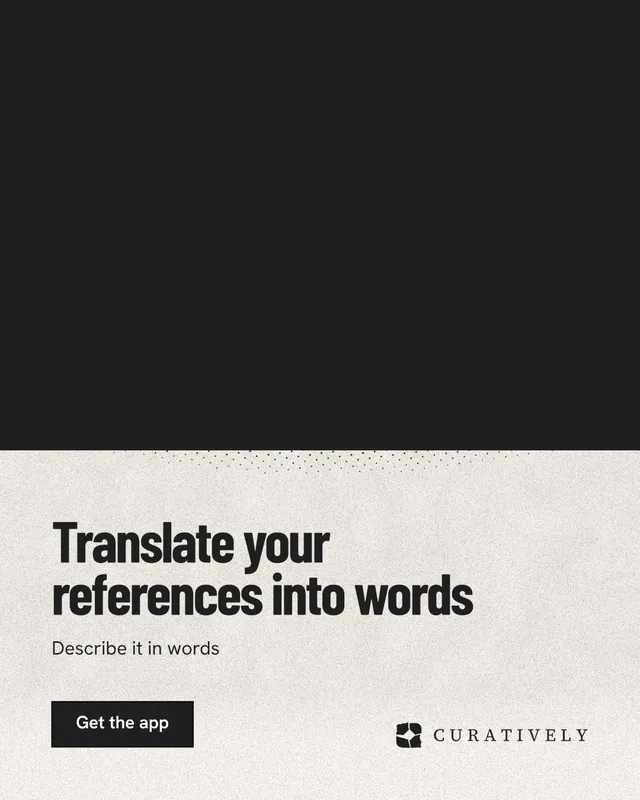 Instagram portrait post for Curatively: "Translate your references into words". Ink sticker style, bottom layout, dark palette in black, yellow.