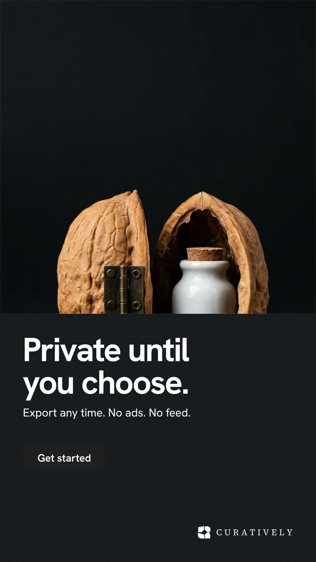 Instagram story for Curatively: "Private until you choose." Swiss style, bottom layout, dark palette in black, grey.