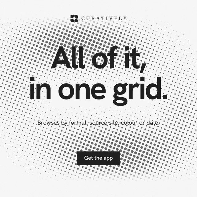 Instagram post for Curatively: "All of it, in one grid." Swiss style, centred layout, light palette in white, grey.