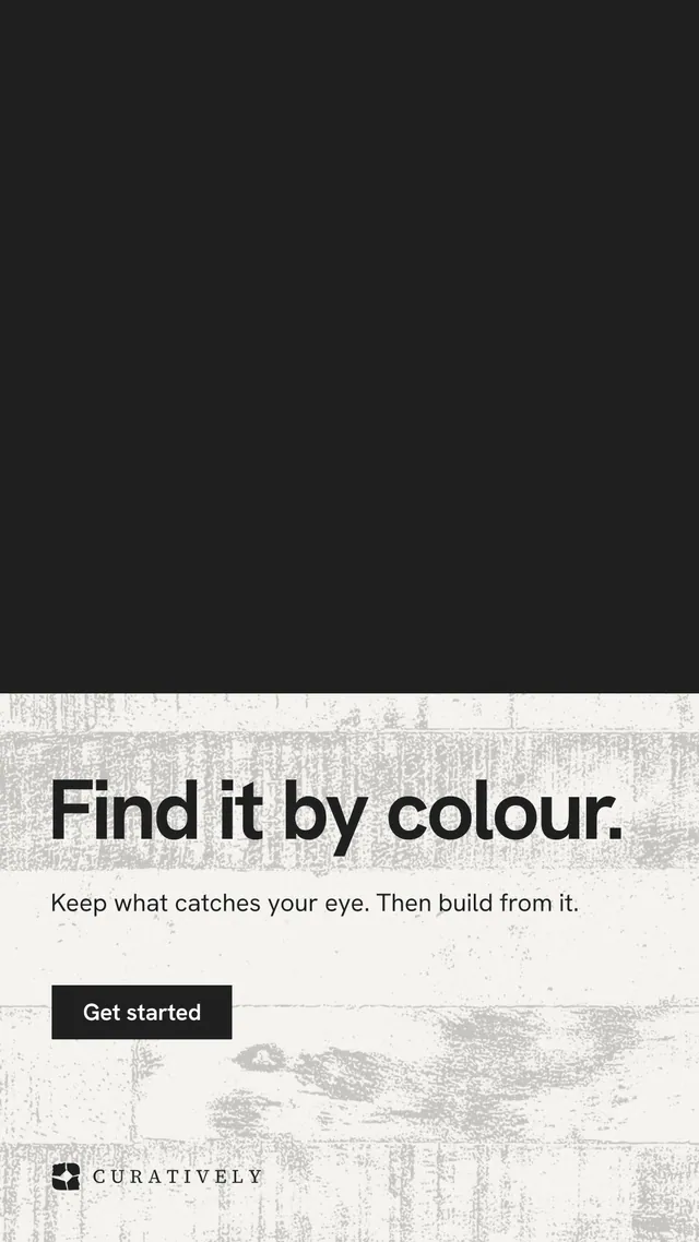 Instagram story for Curatively: "Find it by colour." Swiss style, bottom layout, light palette in black, white, grey.