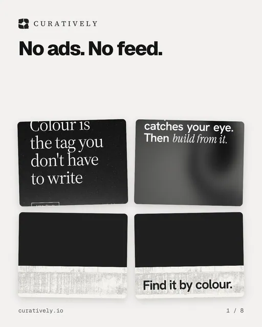 Carousel for Curatively: "No ads. No feed.". Collection carousel, 8 slides, light palette.