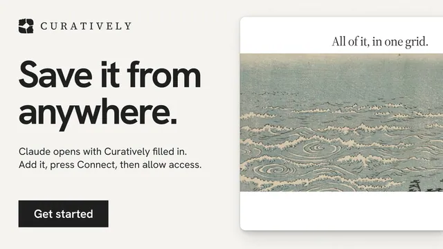 Landscape graphic for Curatively: "Save it from anywhere." Swiss style, bottom layout, light palette in white, grey.