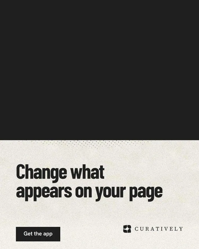 Instagram portrait post for Curatively: "Change what appears on your page". Ink sticker style, bottom layout, dark palette in black, yellow, white.